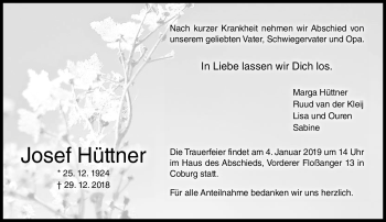 Traueranzeige von Josef Hüttner von Neue Presse Coburg