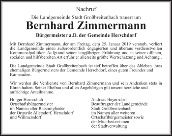 Traueranzeige von Bernhard Zimmermann von Südthüringer Presse
