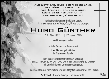 Traueranzeige von Hugo Günther von Südthüringer Presse