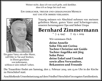 Traueranzeige von Bernhard Zimmermann von Südthüringer Presse