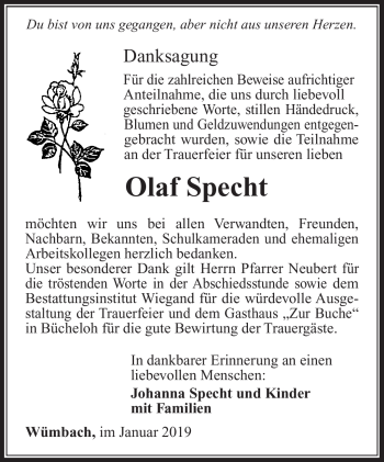 Traueranzeige von Olaf Specht von Südthüringer Presse