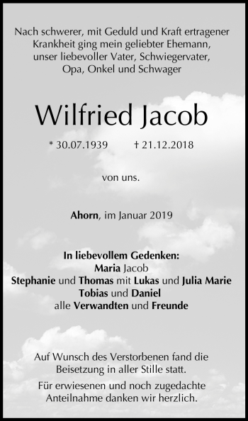 Traueranzeige von Wilfried Jacob von Neue Presse Coburg