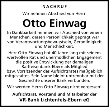 Traueranzeige von Otto Einwag von Neue Presse Coburg