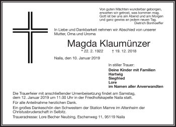 Traueranzeige von Magda Klaumünzer von Frankenpost