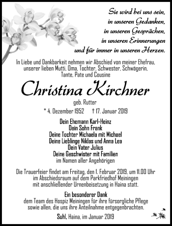 Traueranzeige von Christina Kirchner von Südthüringer Presse