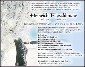 Traueranzeige von Heinrich Fleischhauer von Südthüringer Presse
