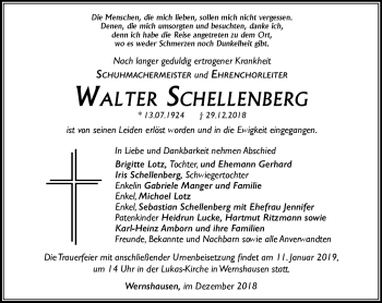 Traueranzeige von Walter Schellenberg von Südthüringer Presse