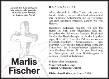 Traueranzeige von Marlis Fischer von Südthüringer Presse