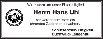 Traueranzeige von Hans Uhl von Frankenpost