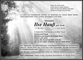 Traueranzeige von Ilse Hauß von Südthüringer Presse
