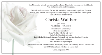 Traueranzeige von Christa Walter von Südthüringer Presse