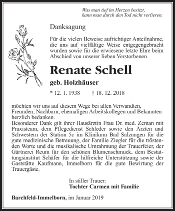 Traueranzeige von Renate Schell von Südthüringer Presse