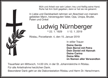 Traueranzeige von Ludwig Nürnberger von Frankenpost
