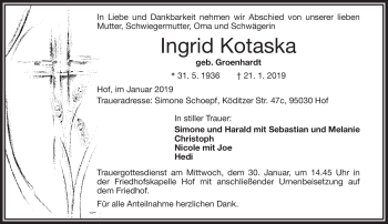 Traueranzeige von Ingrid Kotaska von Frankenpost