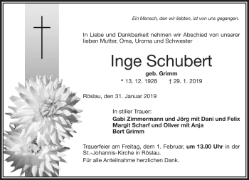 Traueranzeige von Inge Schubert von Frankenpost