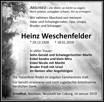 Traueranzeige von Heinz Weschenfelder von Südthüringer Presse