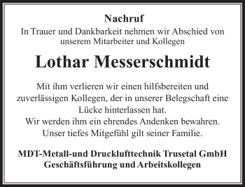 Traueranzeige von Lothar Messerschmidt von Südthüringer Presse