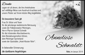 Traueranzeige von Anneliese Schwaldt von Südthüringer Presse