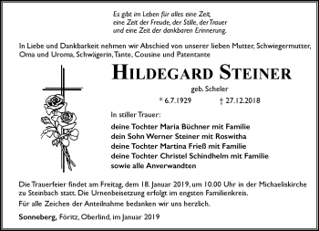 Traueranzeige von Hildegard Steiner von Südthüringer Presse