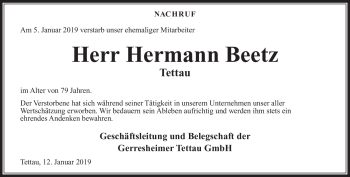 Traueranzeige von Hermann Beetz von Neue Presse Coburg