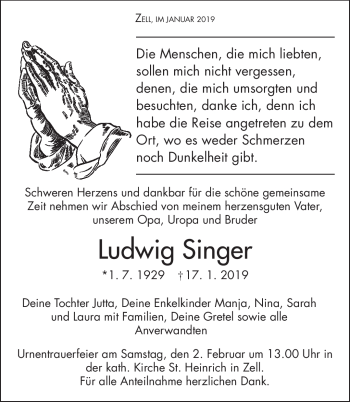 Traueranzeige von Ludwig Singer von Frankenpost