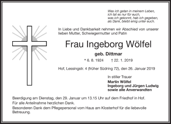 Traueranzeige von Irmgard Wölfel von Frankenpost
