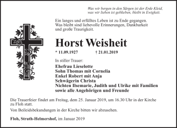 Traueranzeige von Horst Weisheit von Südthüringer Presse