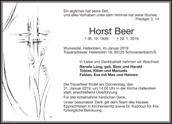 Traueranzeige von Horst Beer von Frankenpost
