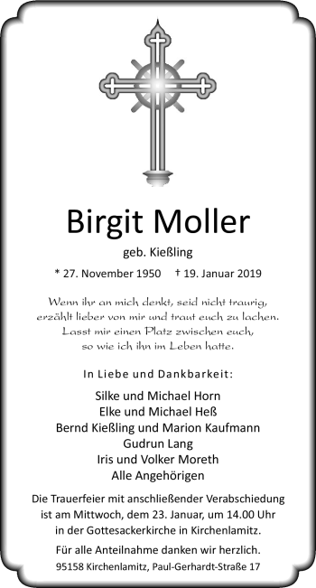 Traueranzeige von Birgit Moller von Frankenpost