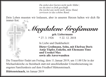 Traueranzeige von Magdalene Großmann von Südthüringer Presse