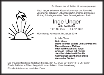 Traueranzeige von Inge Unger von Frankenpost