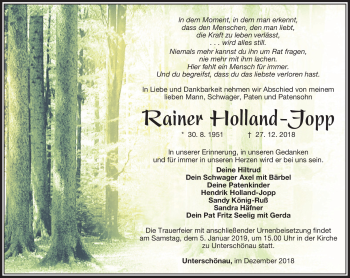 Traueranzeige von Ranier Holland-Jopp von Südthüringer Presse