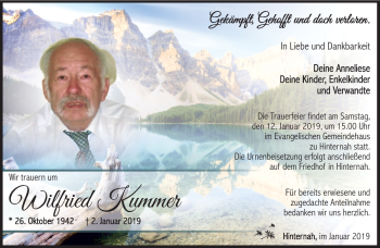Traueranzeige von Wilfried Kummer von Südthüringer Presse
