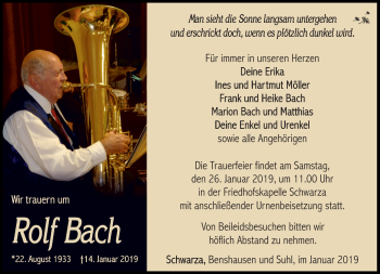 Traueranzeige von Rolf Bach von Südthüringer Presse