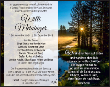 Traueranzeige von Willi Meininger von Südthüringer Presse