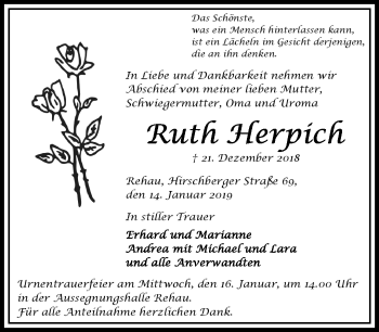 Traueranzeige von Ruth Herpich von Frankenpost