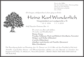 Traueranzeige von Heinz Karl Wunderlich von Frankenpost