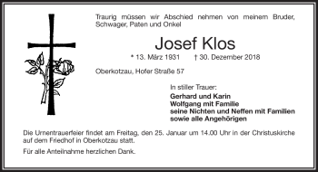 Traueranzeige von Josef Klos von Frankenpost