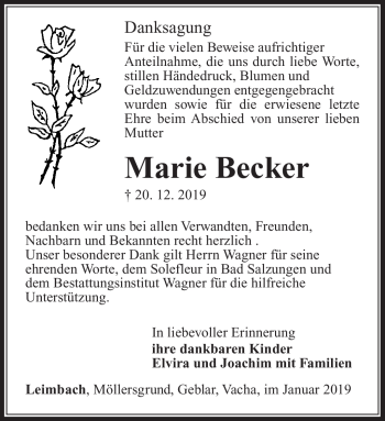 Traueranzeige von Marie Becker von Südthüringer Presse