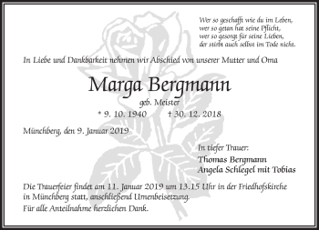 Traueranzeige von Marga Bergmann von Frankenpost