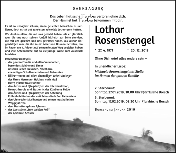 Traueranzeige von Lothar Rosenstengel von Südthüringer Presse