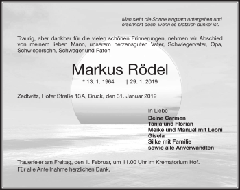 Traueranzeige von Markus Rödel von Frankenpost
