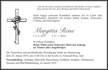 Traueranzeige von Margitta Reise von Südthüringer Presse