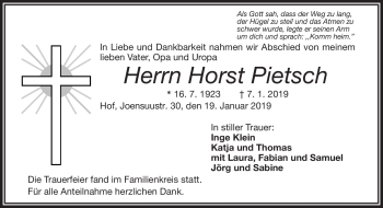 Traueranzeige von Horst Pietsch von Frankenpost