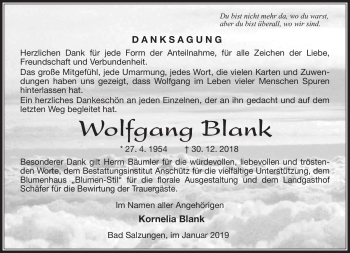 Traueranzeige von Wolfgang Blank von Südthüringer Presse