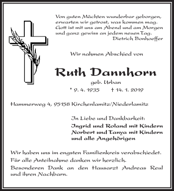 Traueranzeige von Ruth Dannhorn von Frankenpost