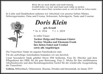Traueranzeige von Doris Klein von Südthüringer Presse