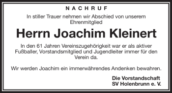 Traueranzeige von Joachim Kleinert von Frankenpost
