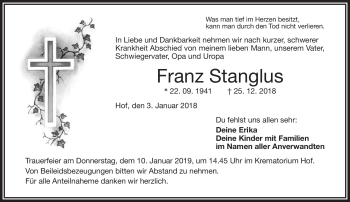 Traueranzeige von Franz Stanglus von Frankenpost