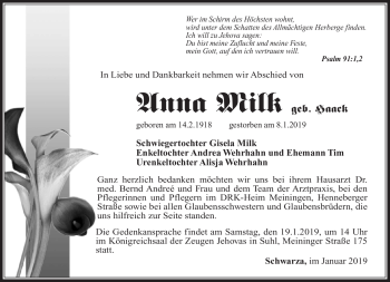 Traueranzeige von Anna Milk von Südthüringer Presse